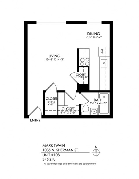 Floor plan for studio, 1 bath, 410 sqft